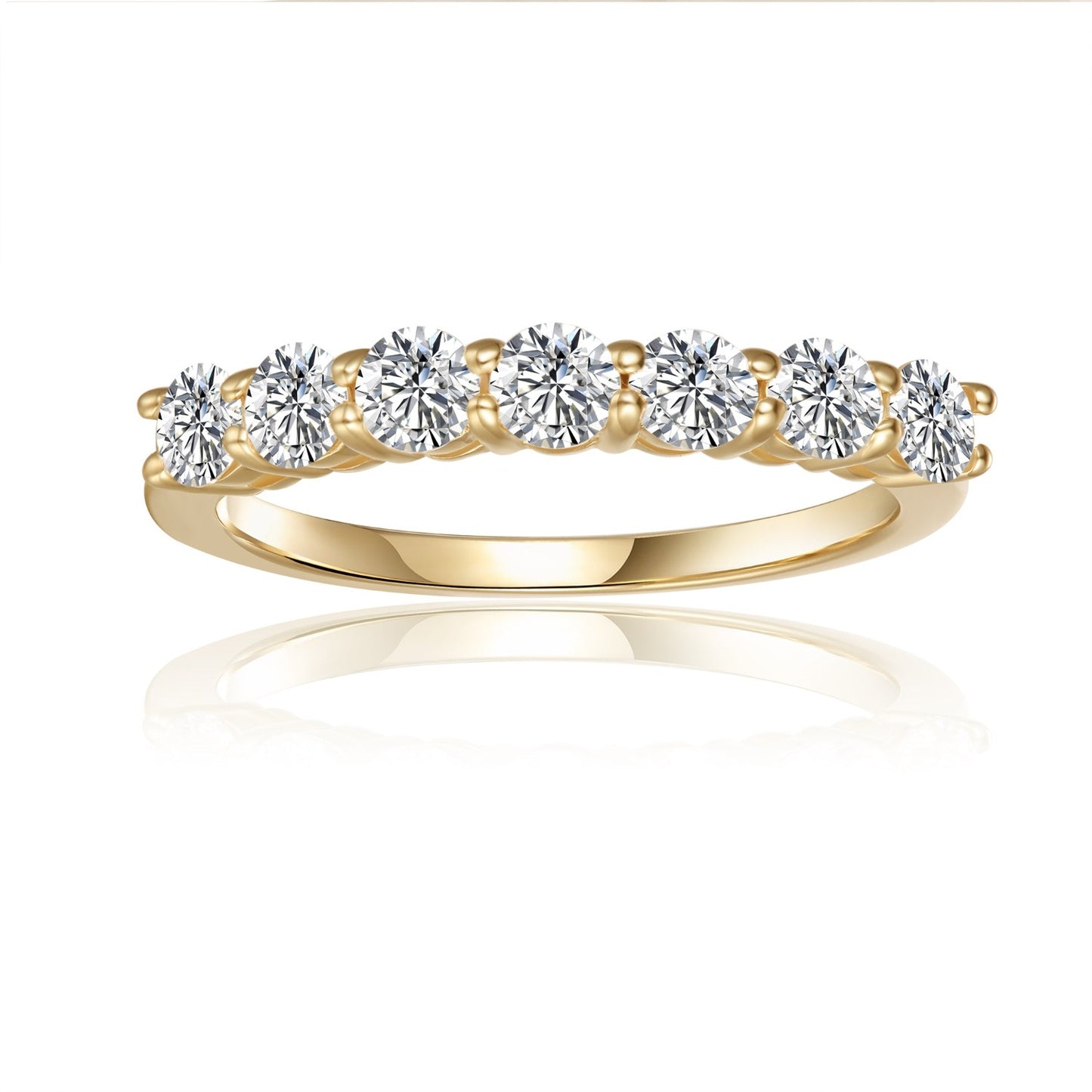 This sophisticated wedding band set showcases a dazzling half-eternity row of seven stones, creating a luxurious and radiant look in classic 9ct yellow gold.