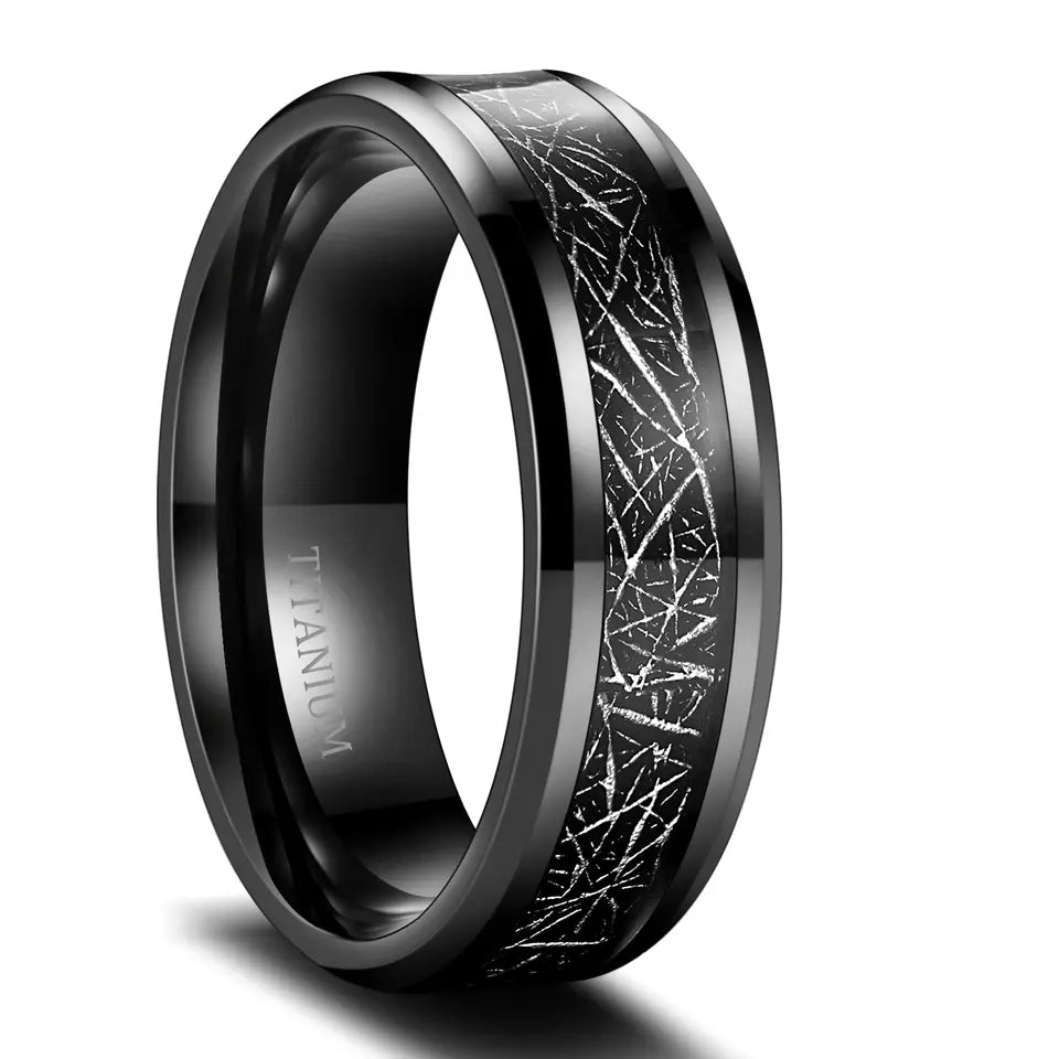 Black Beveled Edge Tungsten Carbide Ring with Silk Inlay