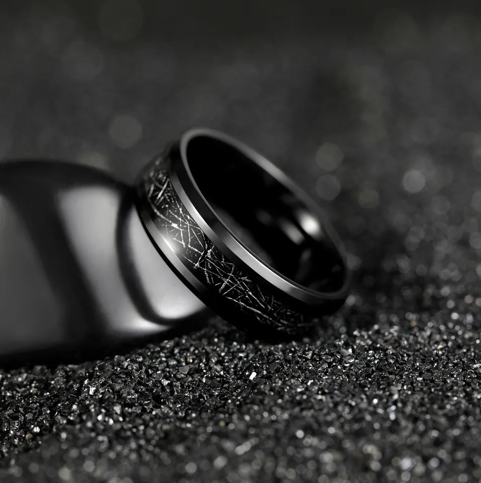 Black Beveled Edge Tungsten Carbide Ring with Silk Inlay