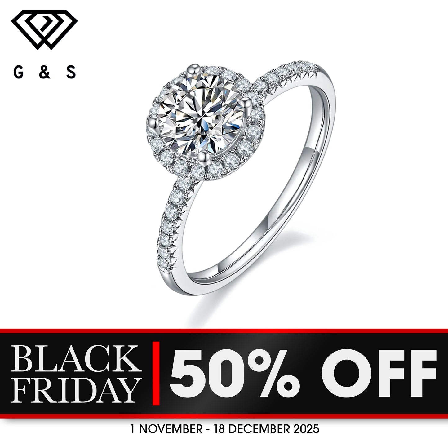 Classic Halo 1.00ct Moissanite Engagement Ring - BLACKFRIDAY