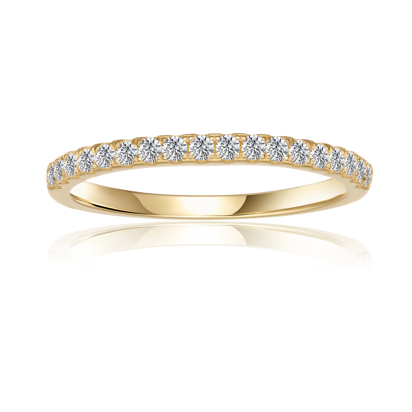 A classic and refined wedding band set, designed with a polished 9ct yellow gold finish and a delicate line of brilliant moissanites, perfect for couples seeking a traditional yet radiant symbol of their commitment.