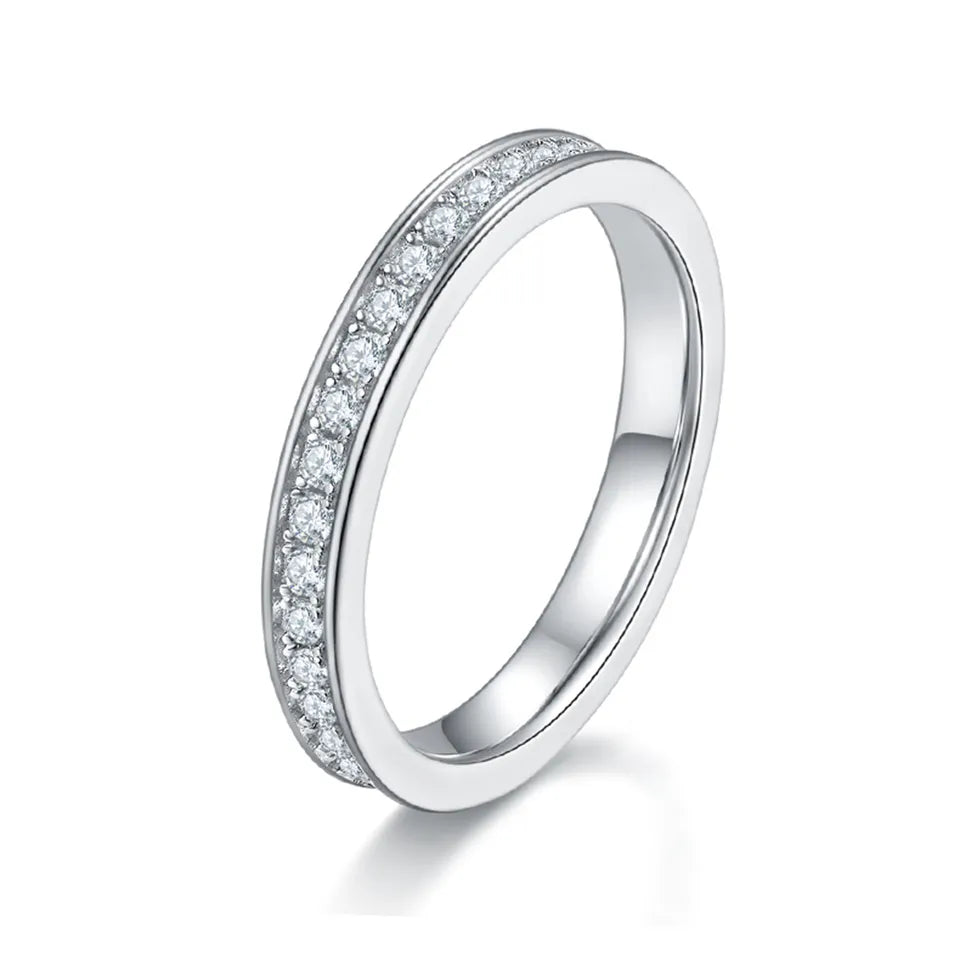 A delicate and dazzling eternity band completely encrusted with pavé-set moissanites.