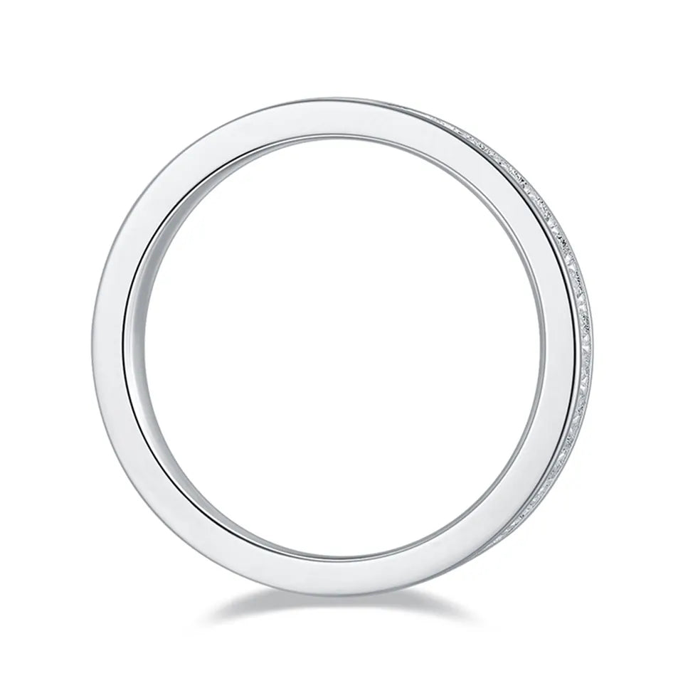 A beautiful full eternity ring designed for stacking, featuring a continuous row of pavé-set moissanites for maximum sparkle.