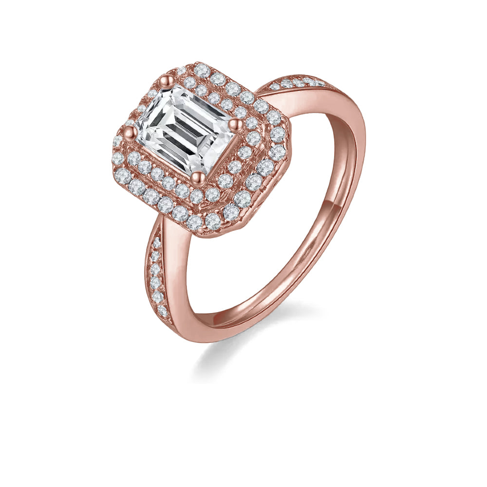 Double Halo 1.00ct Emerald Cut Moissanite Engagement Ring - BLACKFRIDAY