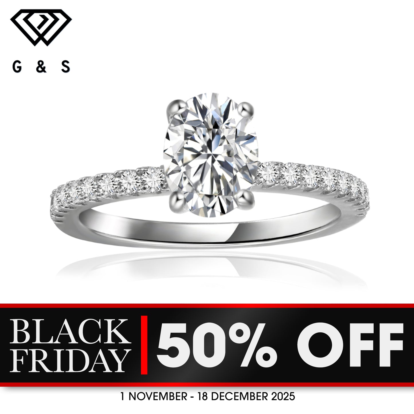 Elegant 1.00ct Oval Cut Moissanite Engagement Ring Set in Sterling Silver - BLACKFRIDAY
