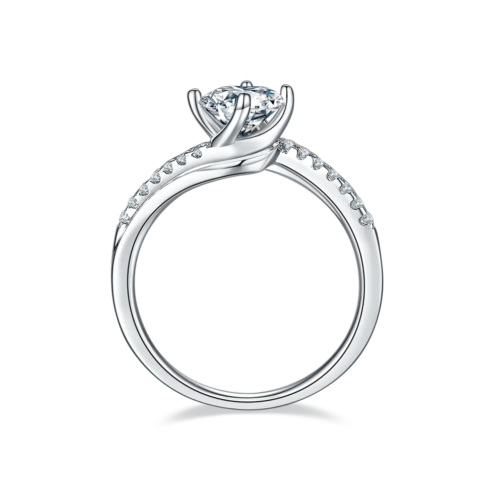 A timeless solitaire design featuring a dazzling 1.00ct moissanite, elegantly presented in a sleek sterling silver band.
