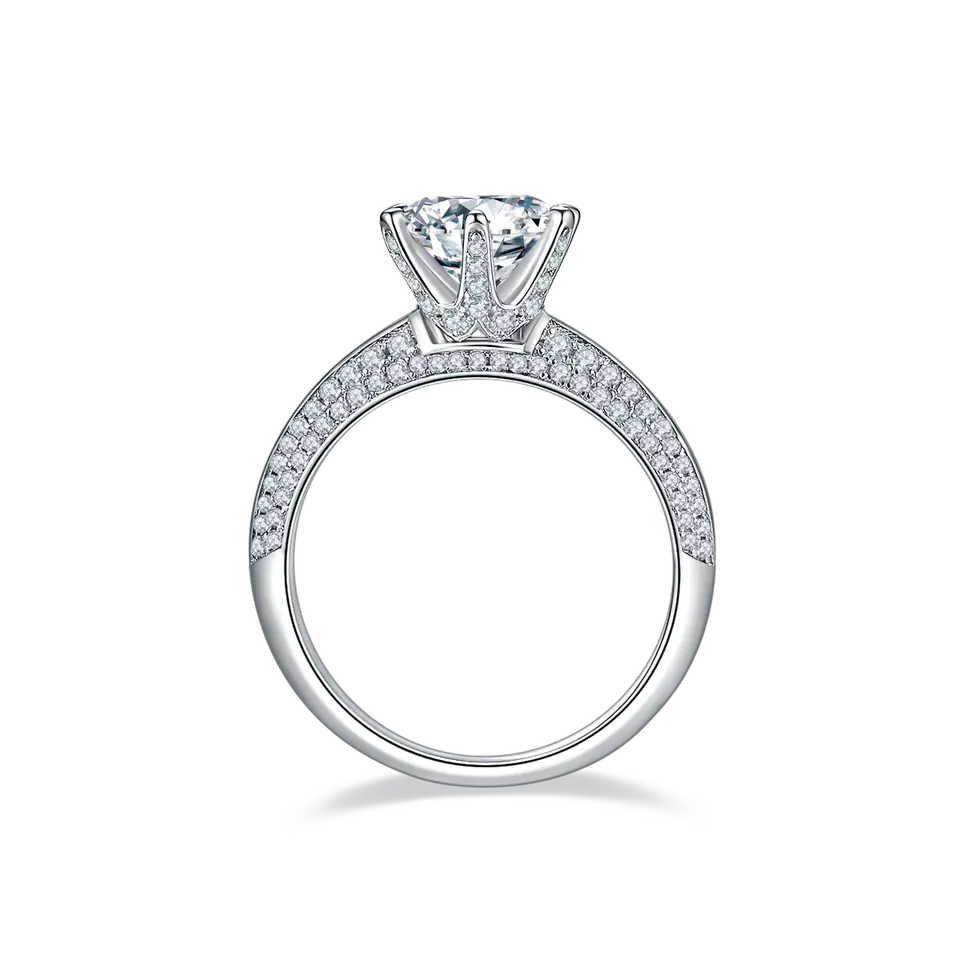 A luxurious engagement ring showcasing a 2.00ct moissanite with a band completely covered in pave-set stones.