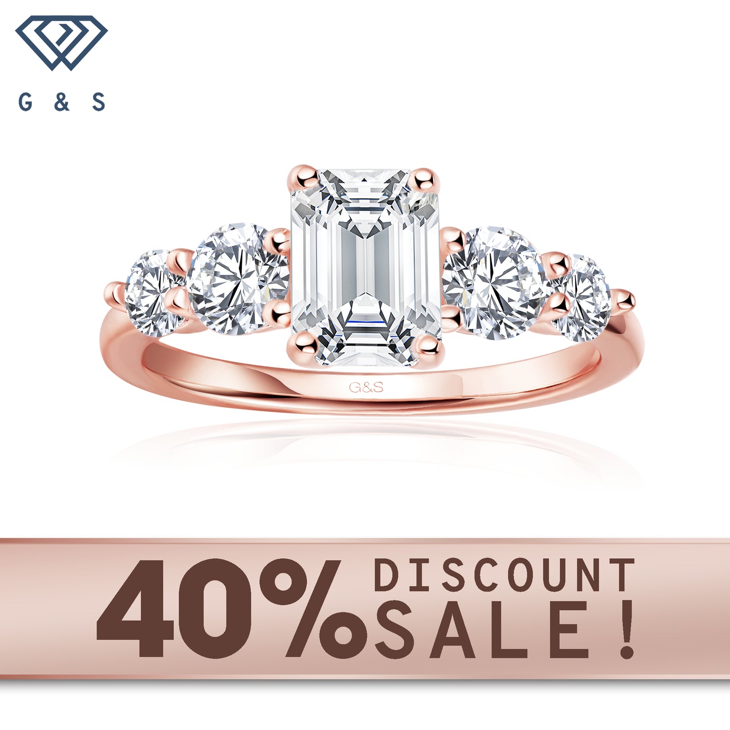 Eternal Brilliance five-stone emerald cut moissanite engagement ring set in 9ct rose gold.