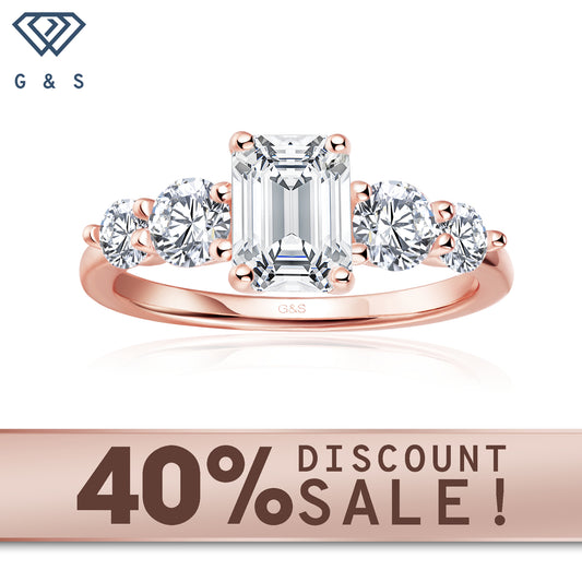 Eternal Brilliance five-stone emerald cut moissanite engagement ring set in 9ct rose gold.