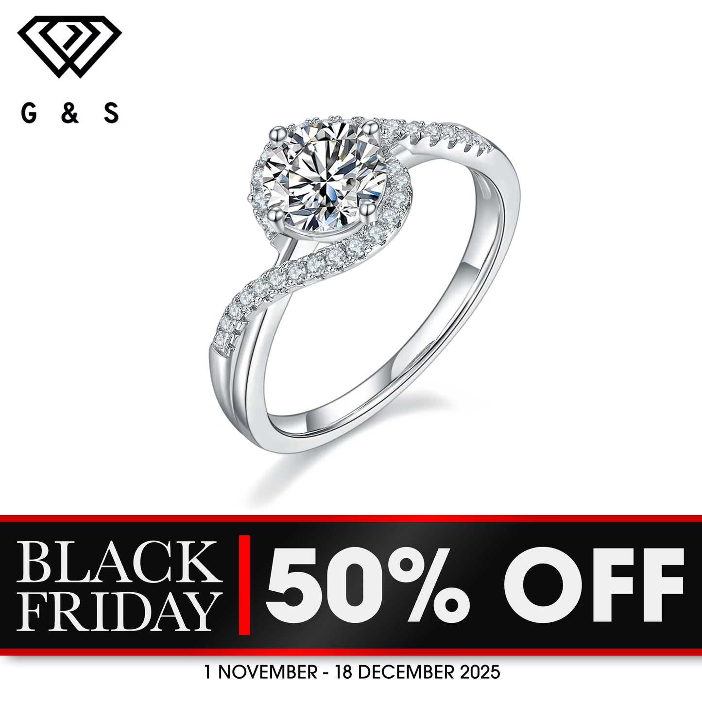 Exquisite Halo 1.00ct Moissanite Engagement Ring Set in Sterling Silver - BLACKFRIDAY