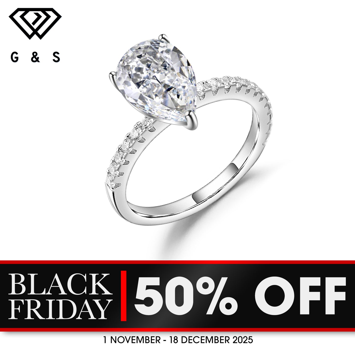 Exquisite Pear Shape 1.25ct Moissanite Engagement Ring Set in Sterling Silver - BLACKFRIDAY