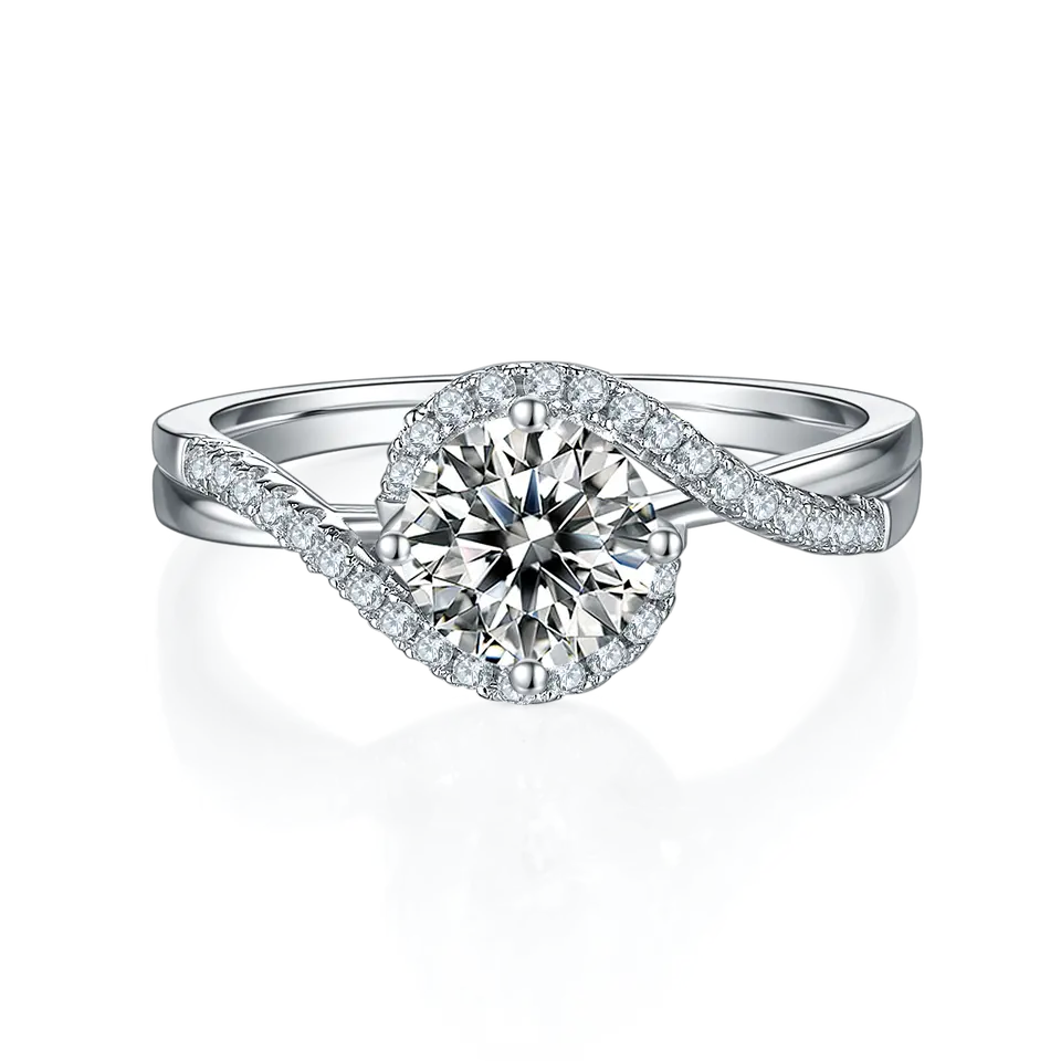A beautiful ring showcasing a 1.00ct moissanite with a dazzling halo setting, crafted in high-quality sterling silver.