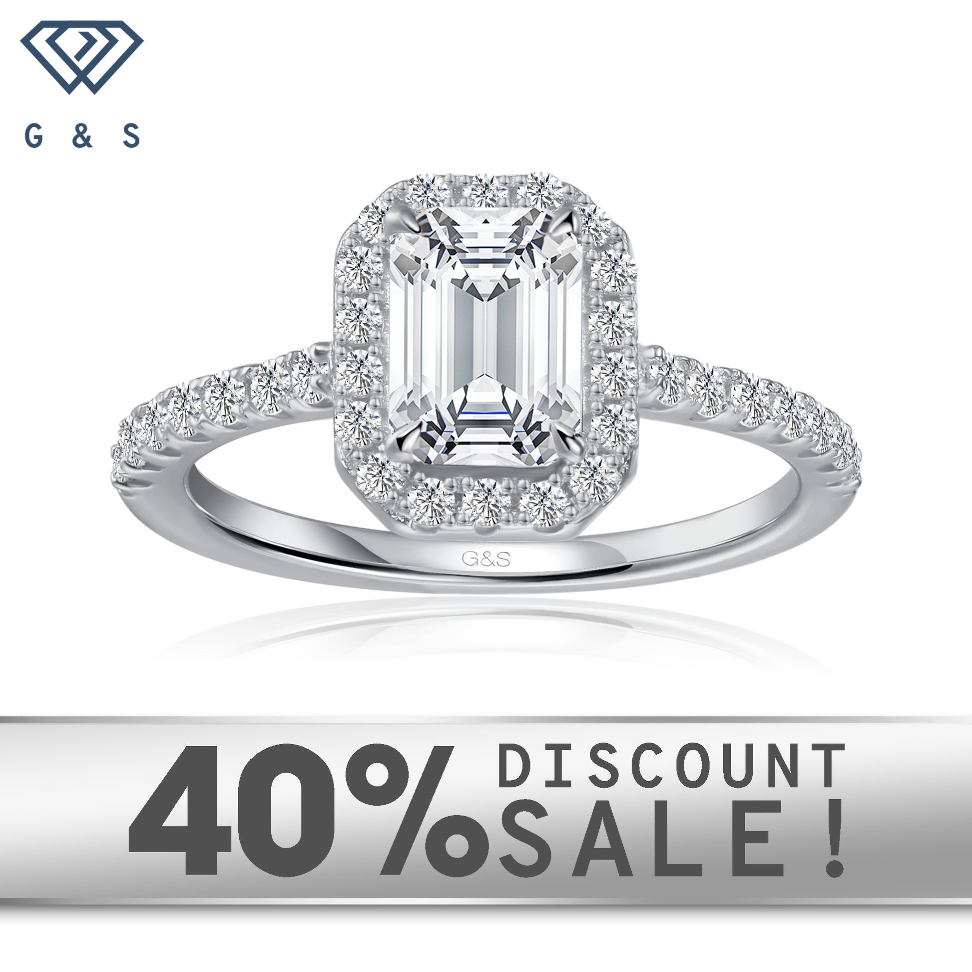 Forever Classic Halo emerald cut moissanite engagement ring in 9ct white gold.