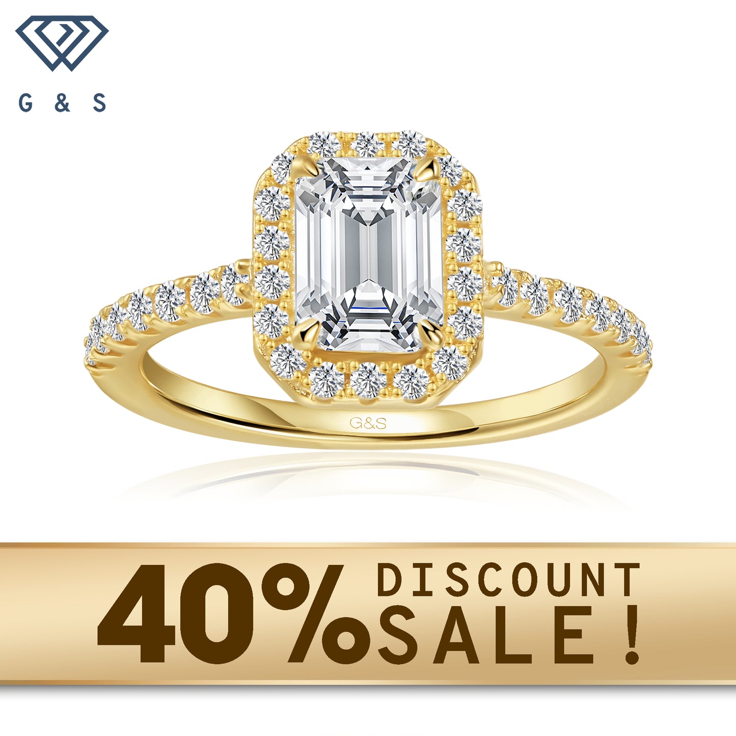 A 9ct yellow gold engagement ring featuring an emerald cut moissanite surrounded by a sparkling halo.