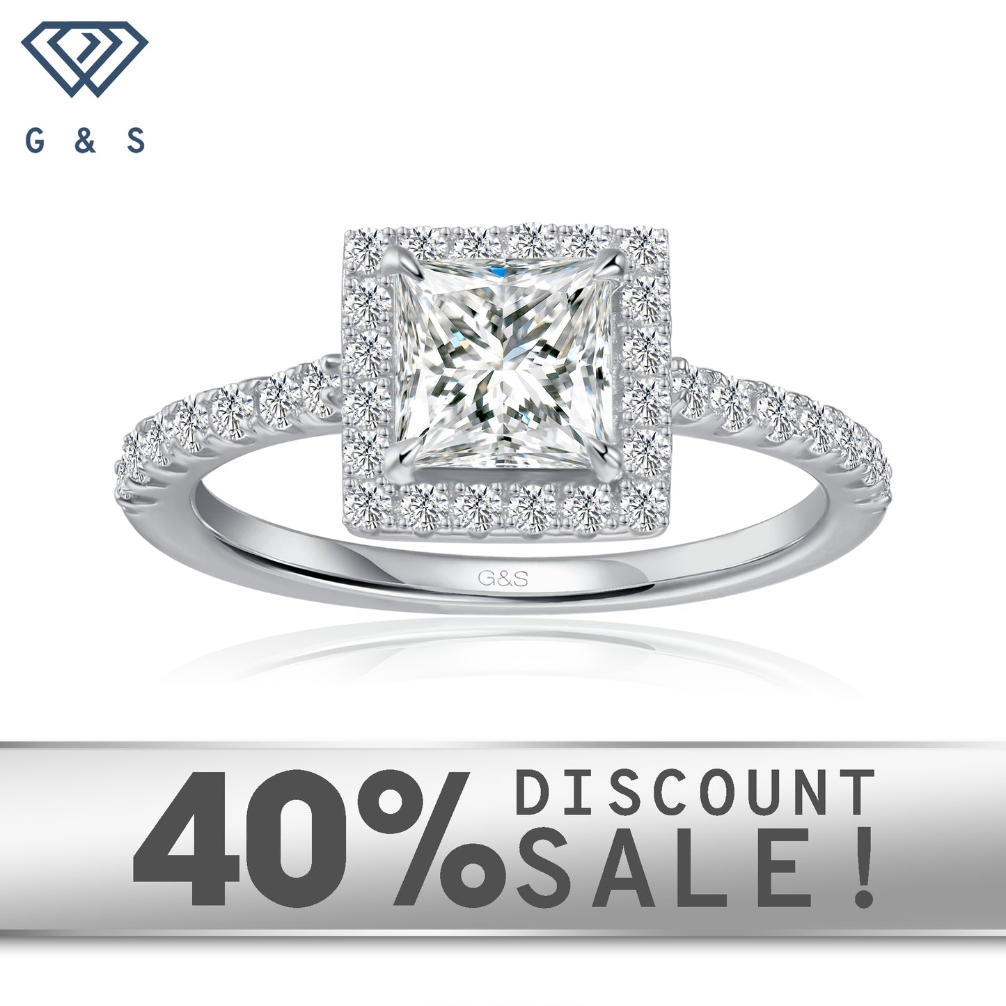 Forever Classic Halo princess cut moissanite engagement ring set in 9ct white gold.