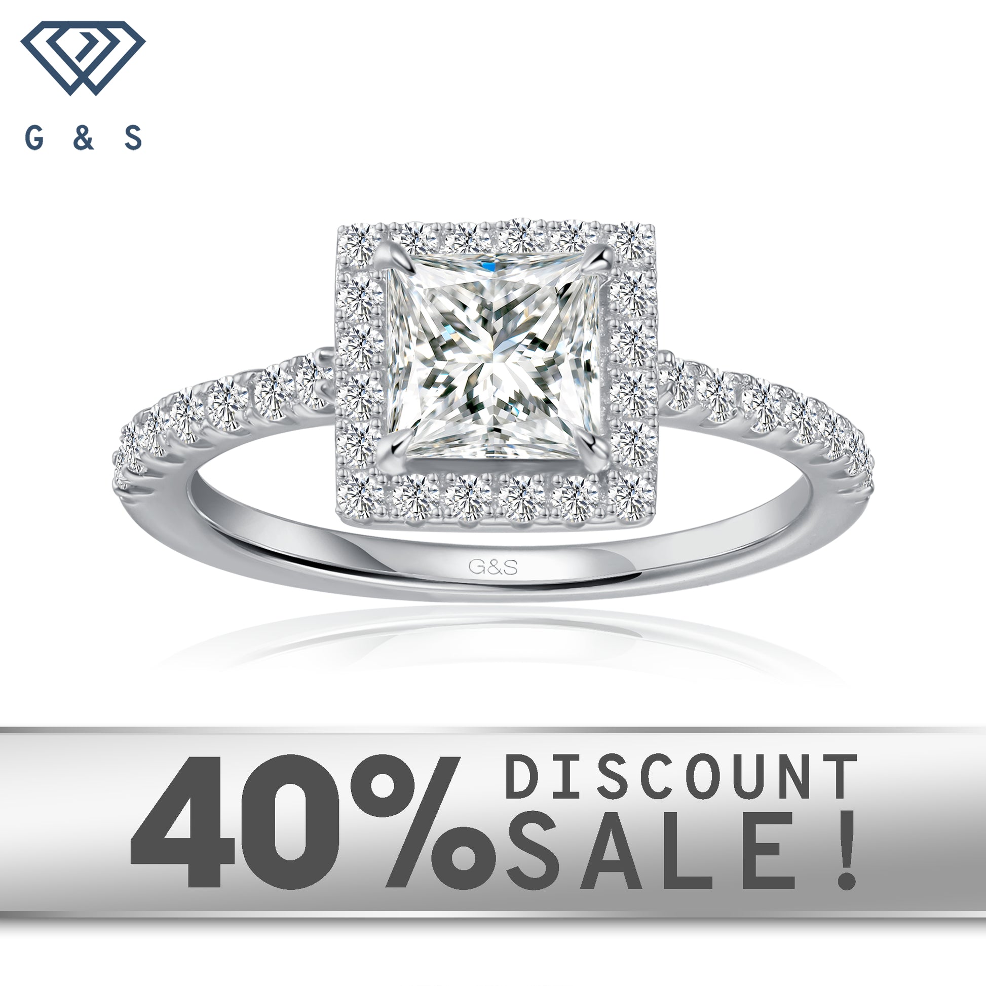 Forever Classic Halo princess cut moissanite engagement ring set in 9ct white gold.