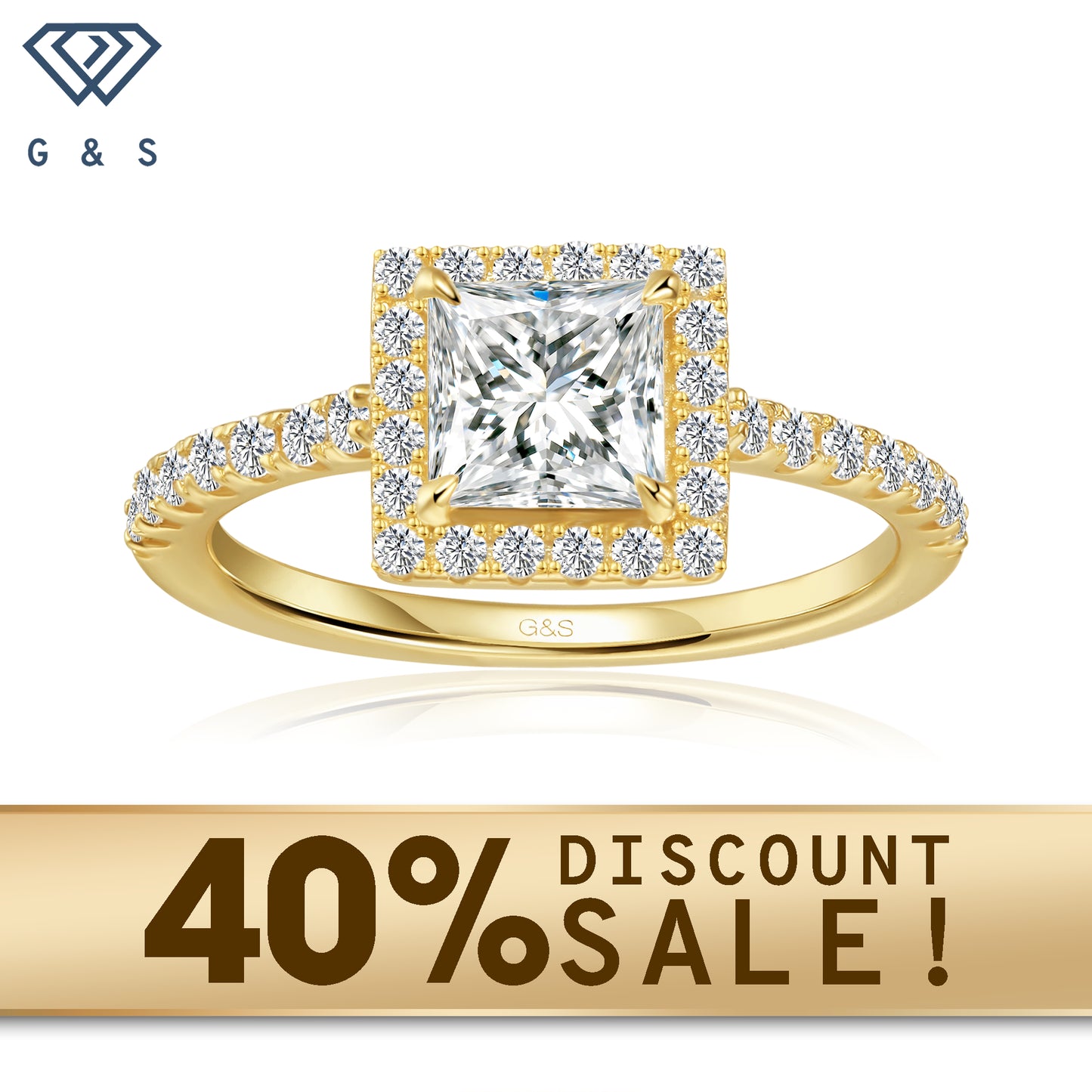 A 9ct yellow gold engagement ring featuring a princess cut moissanite surrounded by a sparkling halo.