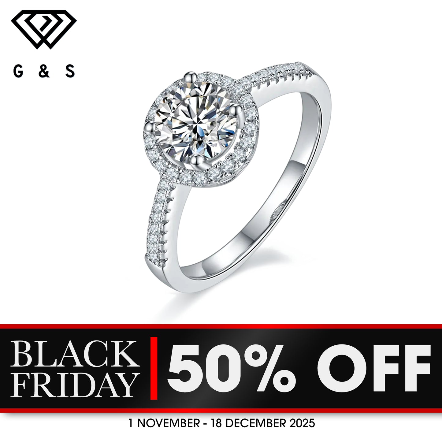 Halo Of Hearts 1.00ct Moissanite Engagement Ring Set in Sterling Silver - BLACKFRIDAY