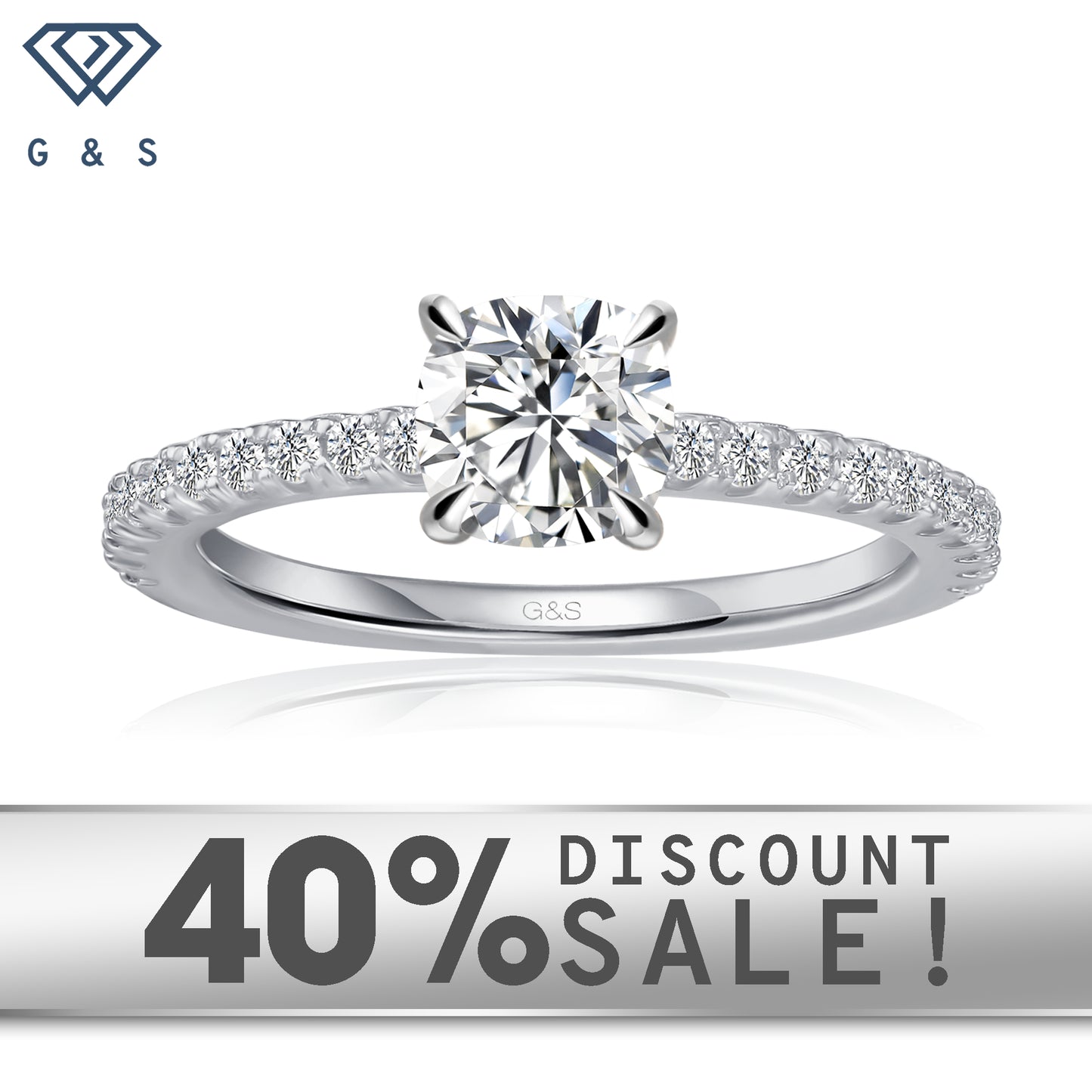 Hidden Elegance cushion cut moissanite engagement ring set in 9ct white gold.