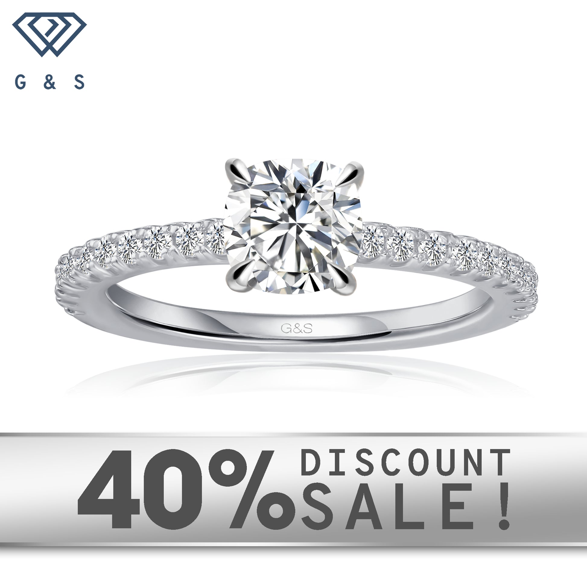 Hidden Elegance cushion cut moissanite engagement ring set in 9ct white gold.