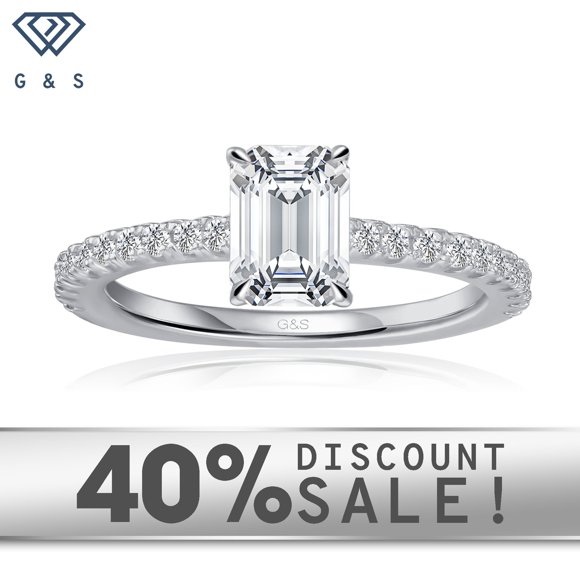 Hidden Elegance emerald cut moissanite engagement ring set in 9ct white gold.
