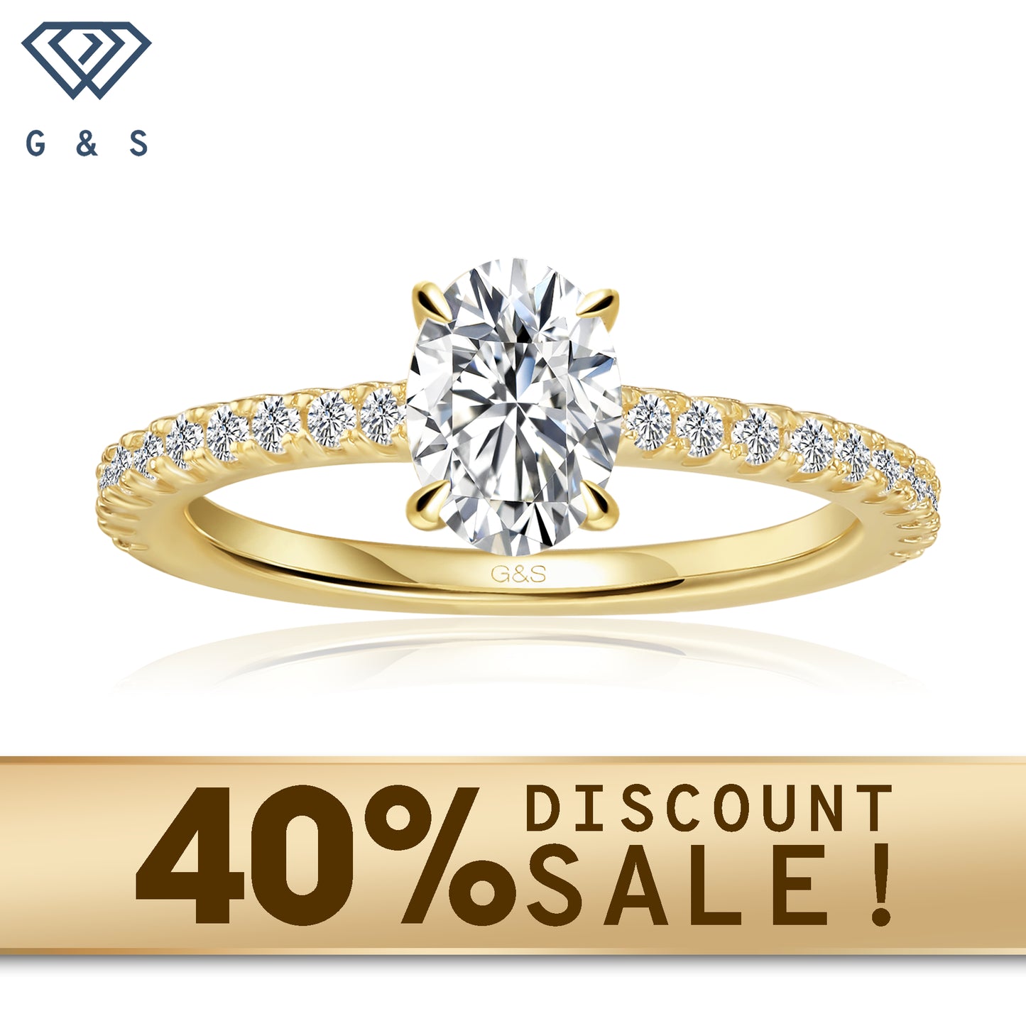 A 9ct yellow gold engagement ring featuring an oval cut moissanite with a hidden halo for extra sparkle.