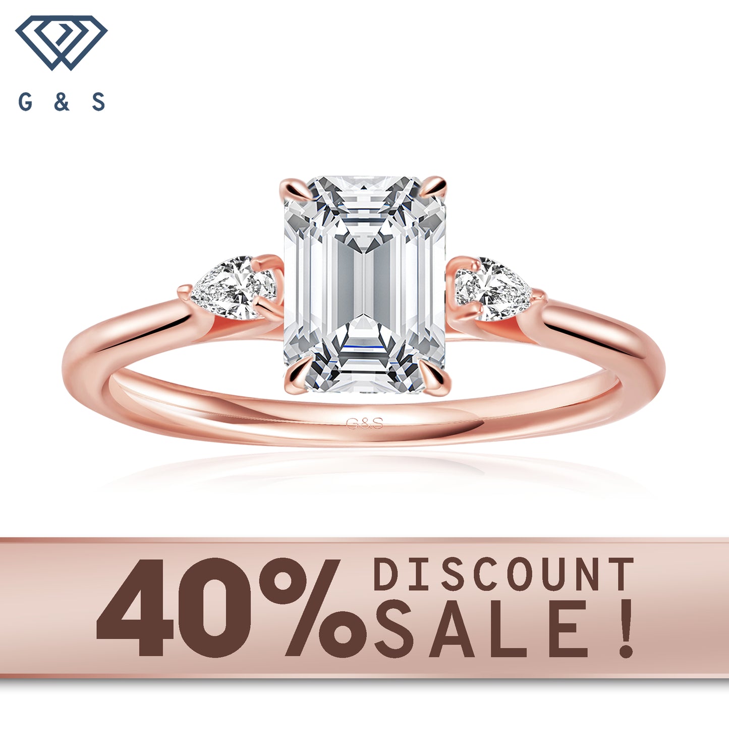 Infinite Love Trilogy emerald cut moissanite engagement ring in 9ct rose gold.