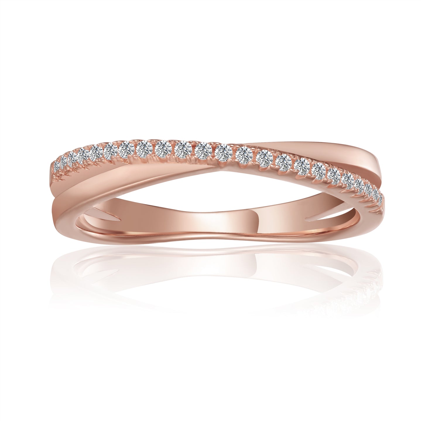 Elegant 9ct rose gold wedding band set featuring an infinity design with sparkling moissanites.