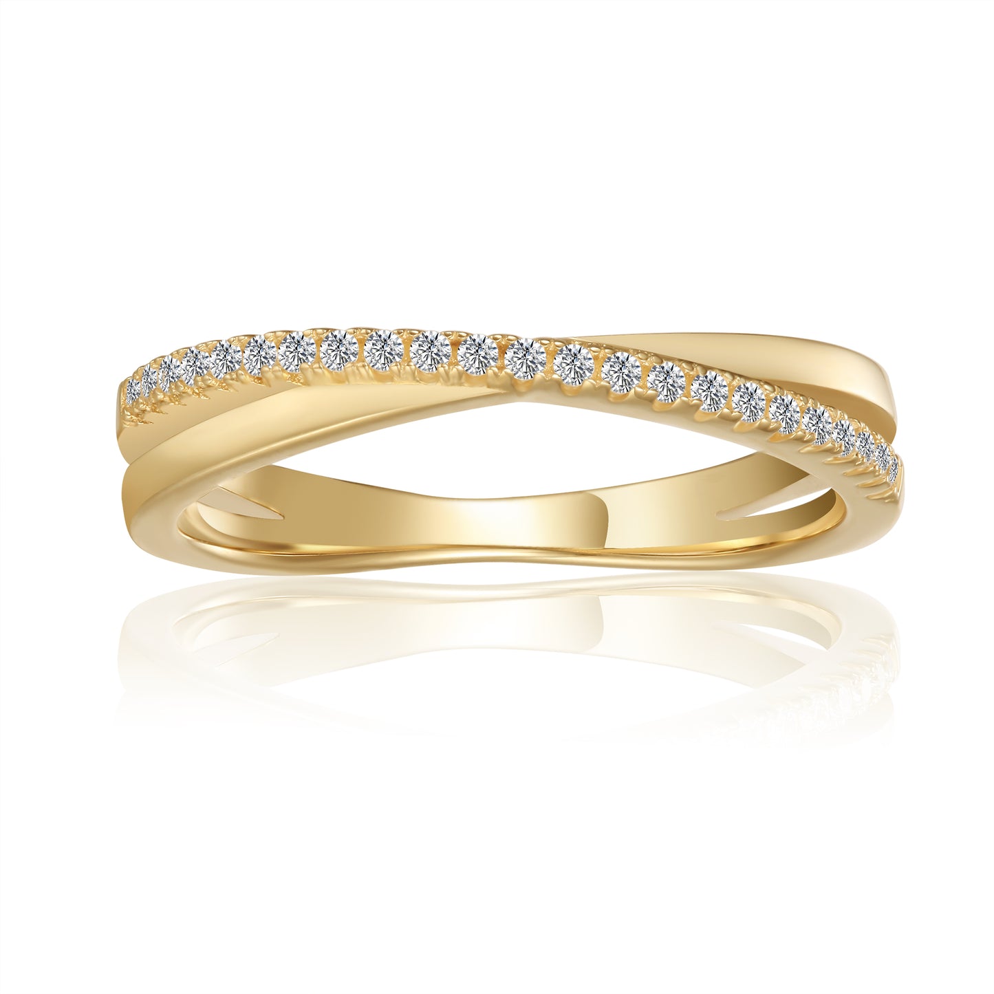 A set of elegant wedding bands in warm 9ct yellow gold, showcasing a delicate infinity pattern accented with brilliant moissanites, symbolizing an everlasting bond.