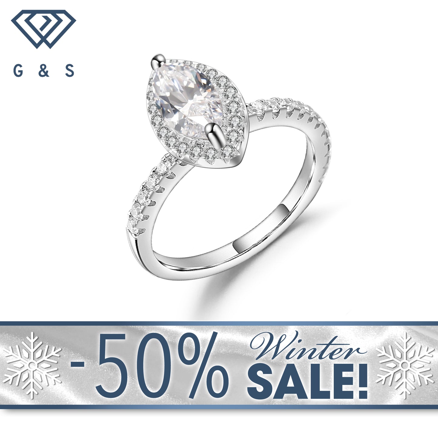 Marquise Halo 1.00ct Moissanite Engagement Ring Set in Sterling Silver - Winter Sale