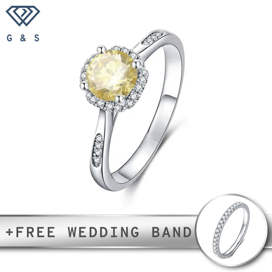Modern Halo 1.00ct Yellow Moissanite Engagement Ring Set in Sterling Silver
