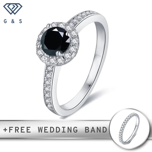 Pave Halo 0.50ct Black Moissanite Engagement Ring Set in Sterling Silver