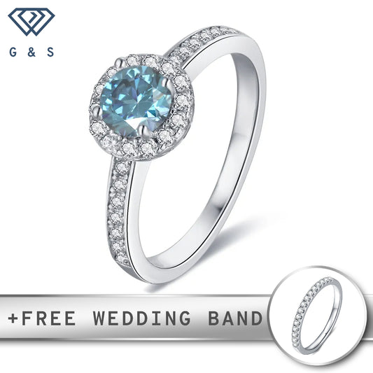Pave Halo 0.50ct Blue Moissanite Engagement Ring Set in Sterling Silver