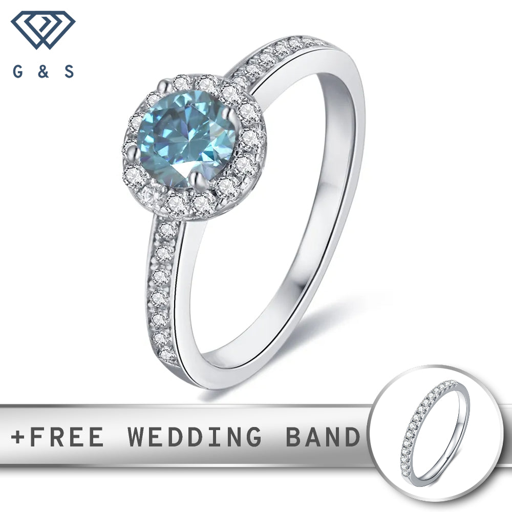 Pave Halo 0.50ct Blue Moissanite Engagement Ring Set in Sterling Silver