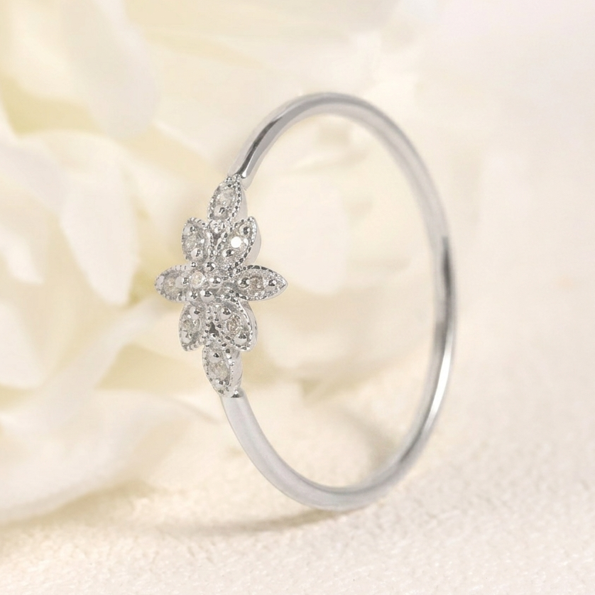 Petite Moissanite Floral Stacking Ring in Sterling Silver