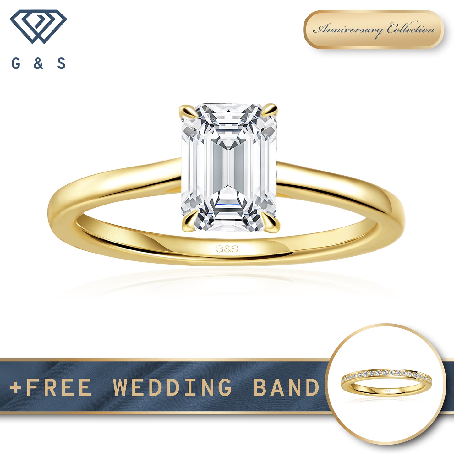Secret Sparkle Hidden Halo Emerald Cut Moissanite Engagement Ring - 18ct Yellow Gold Plated
