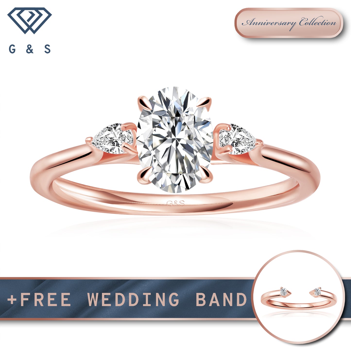 Infinite Love Trilogy Oval Cut Moissanite Engagement Ring - 18ct Rose Gold Plated