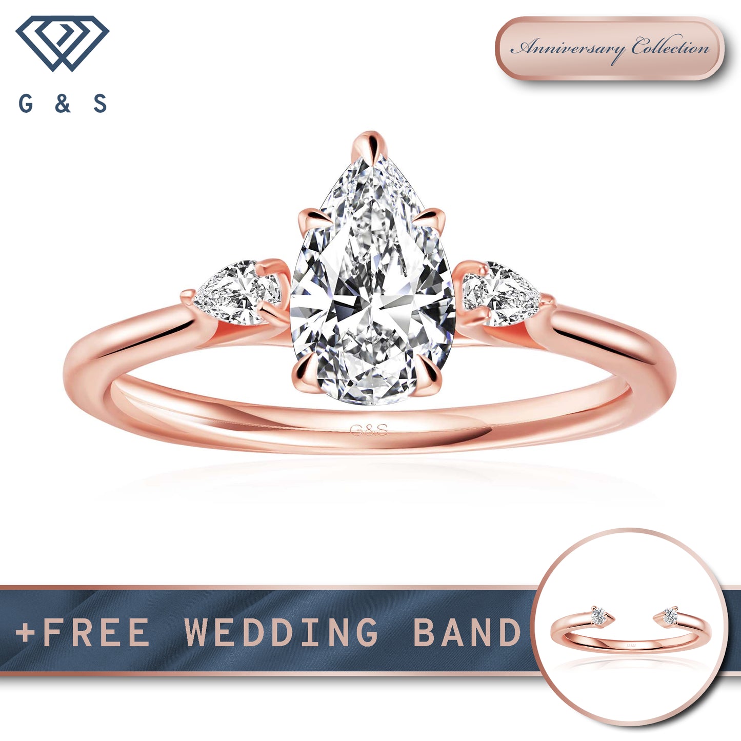 Infinite Love Trilogy Pear Shape Moissanite Engagement Ring - 18ct Rose Gold Plated