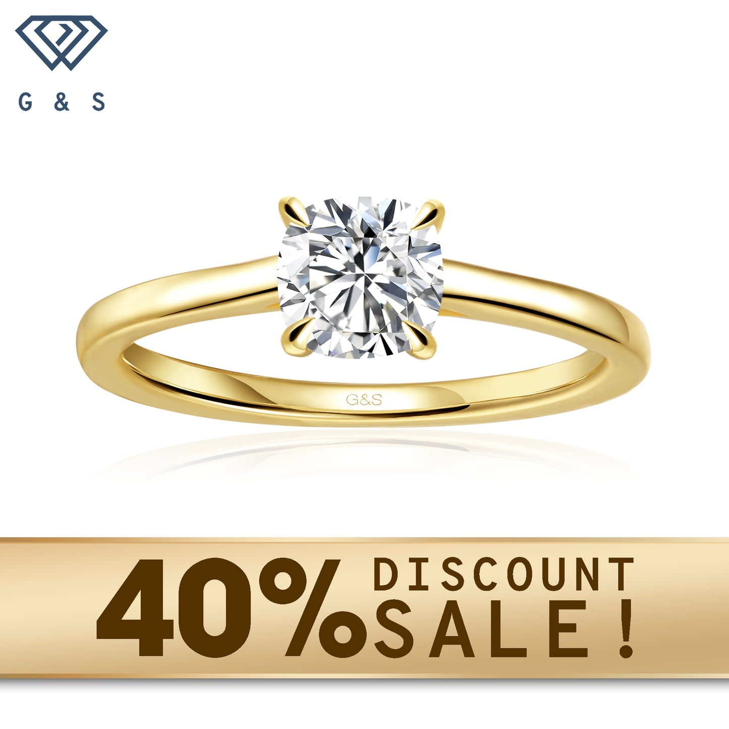 A 9ct yellow gold engagement ring featuring a cushion cut moissanite with a hidden halo for extra sparkle.