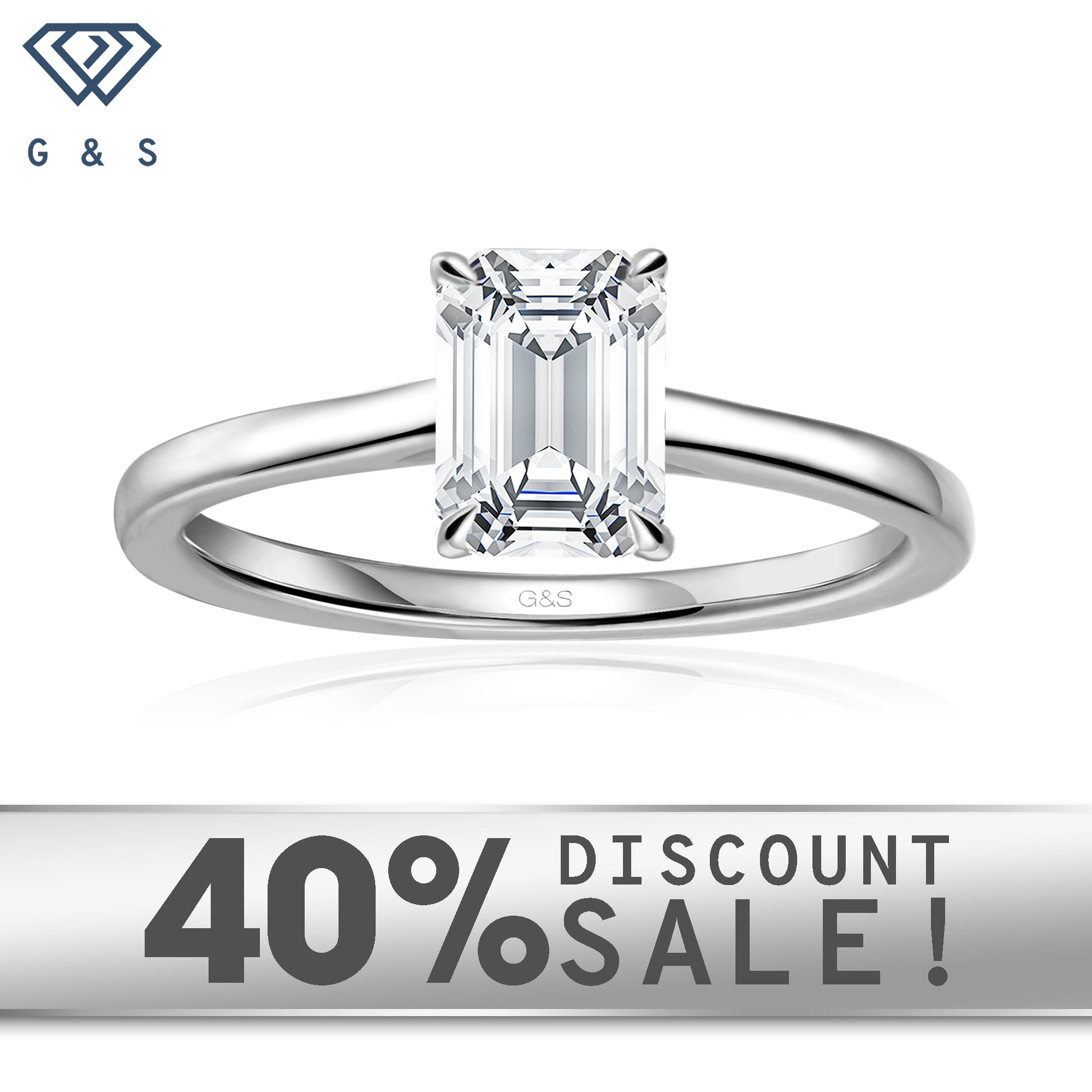 Secret Sparkle Hidden Halo emerald cut moissanite engagement ring set in 9ct white gold.
