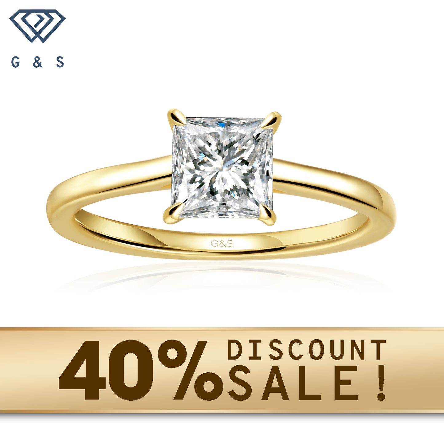 A 9ct yellow gold ring featuring a sparkling princess cut moissanite with a secret halo for added brilliance.