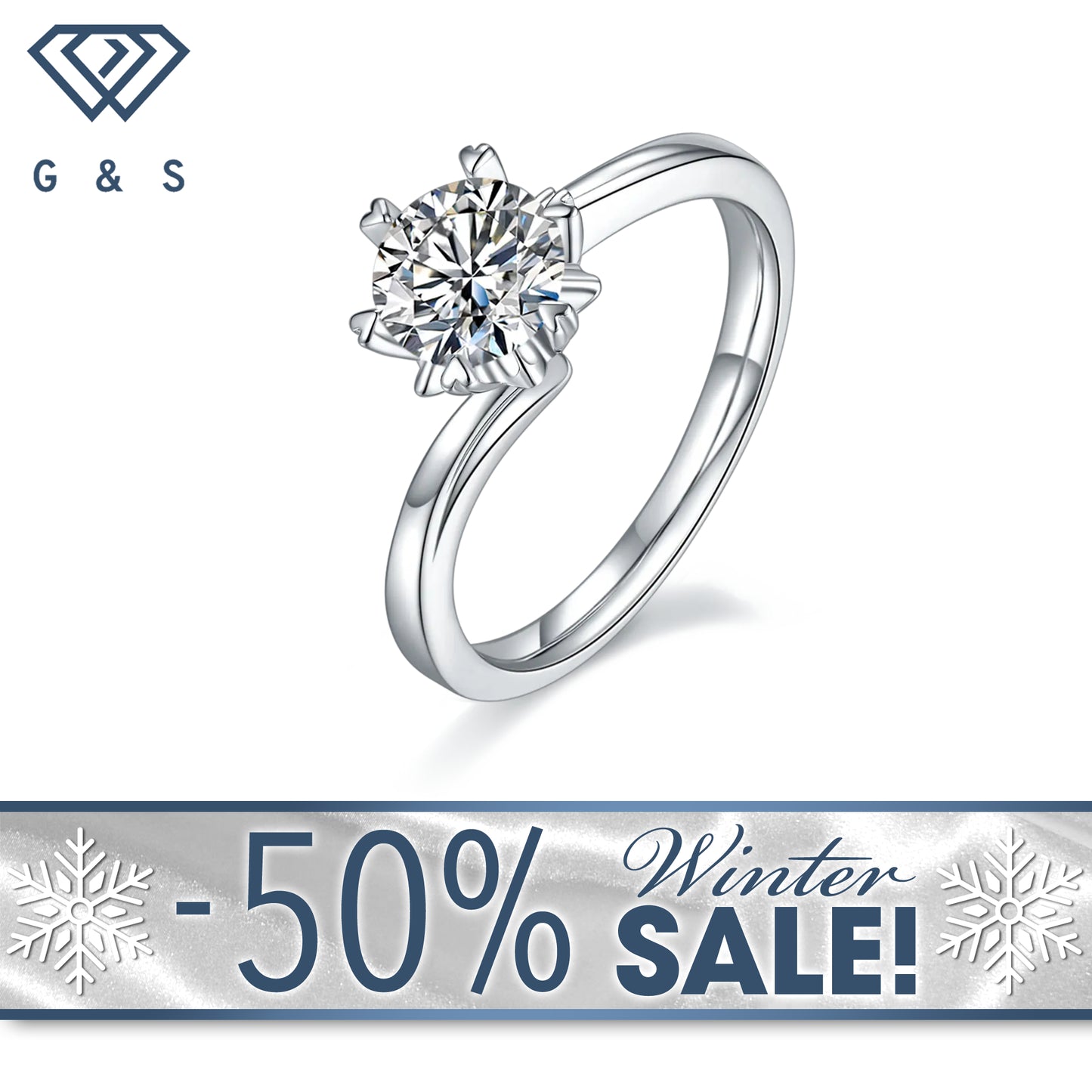 Snowflake Solitaire 6 Claws 1.00ct Moissanite Engagement Ring Set in Sterling Silver - Winter Sale