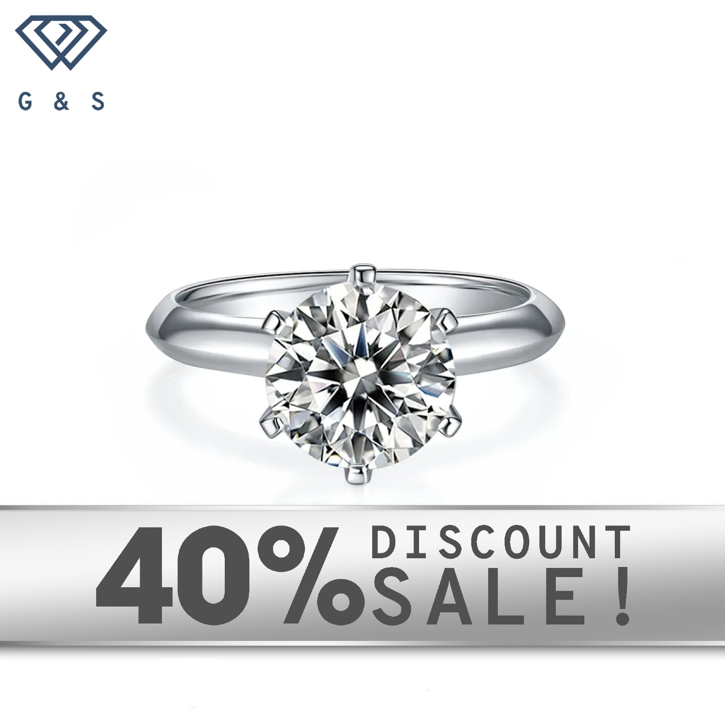 A 3.00ct moissanite sparkles in a timeless 6-claw Tiffany setting on a 9ct white gold band.