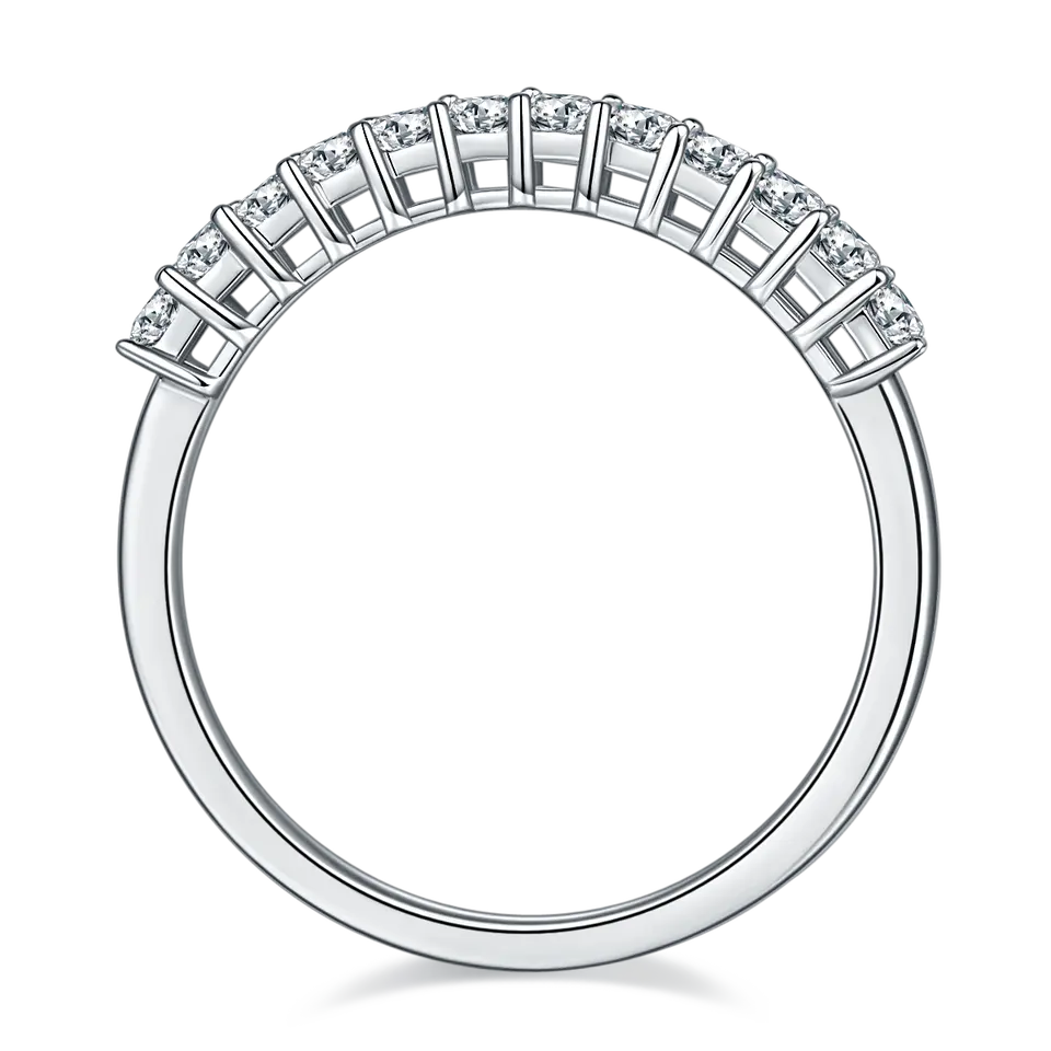 A beautiful set of sterling silver wedding bands featuring the modern sparkle of square brilliant moissanites in a half eternity design.