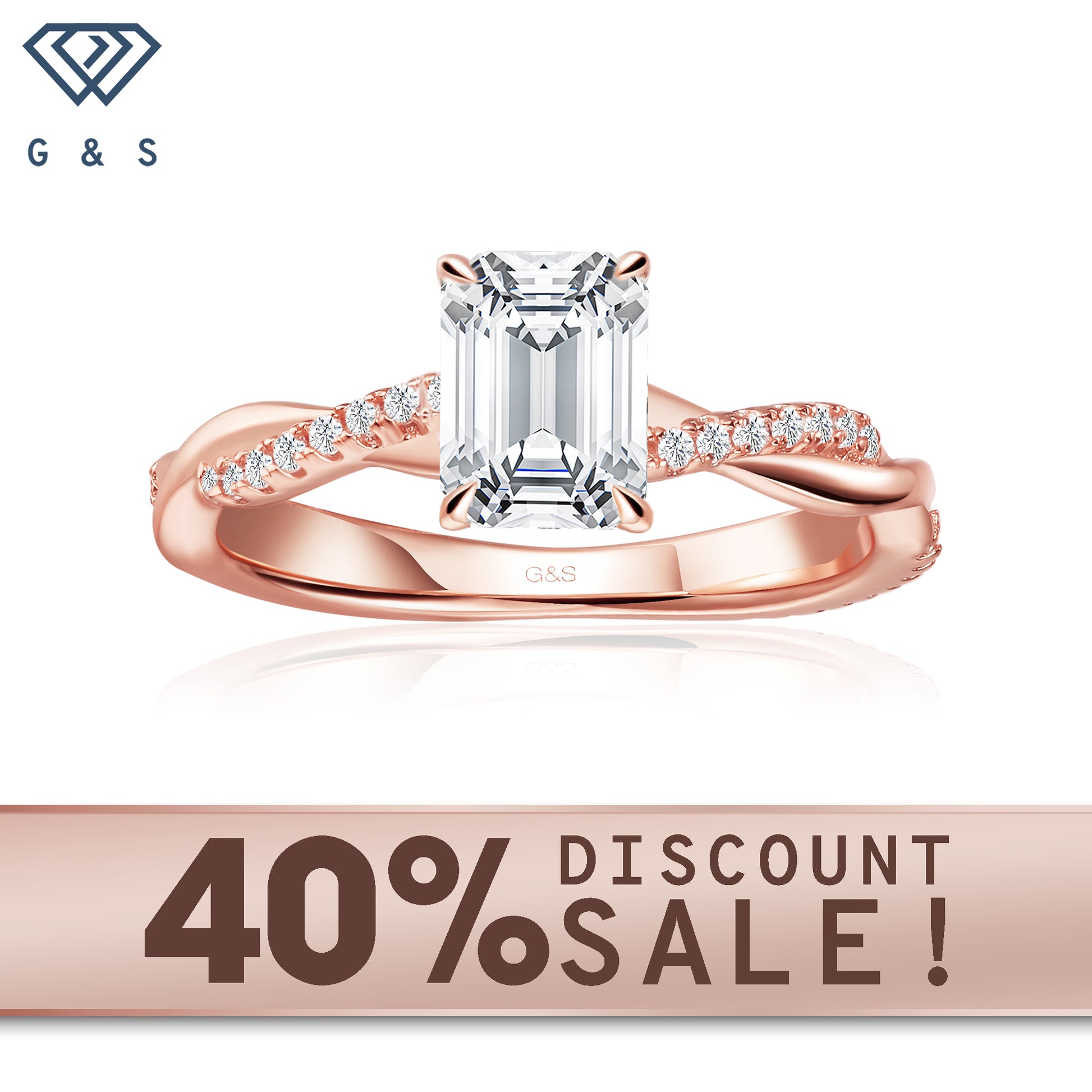 Timeless Infinity emerald cut moissanite engagement ring in 9ct rose gold.