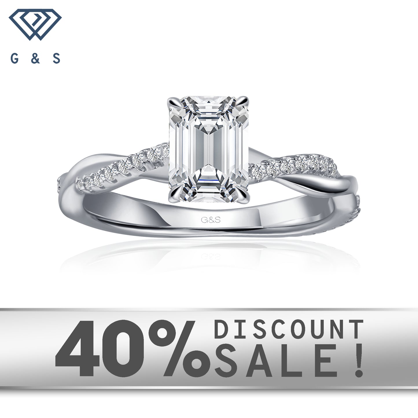 Timeless Infinity emerald cut moissanite engagement ring set in 9ct white gold.