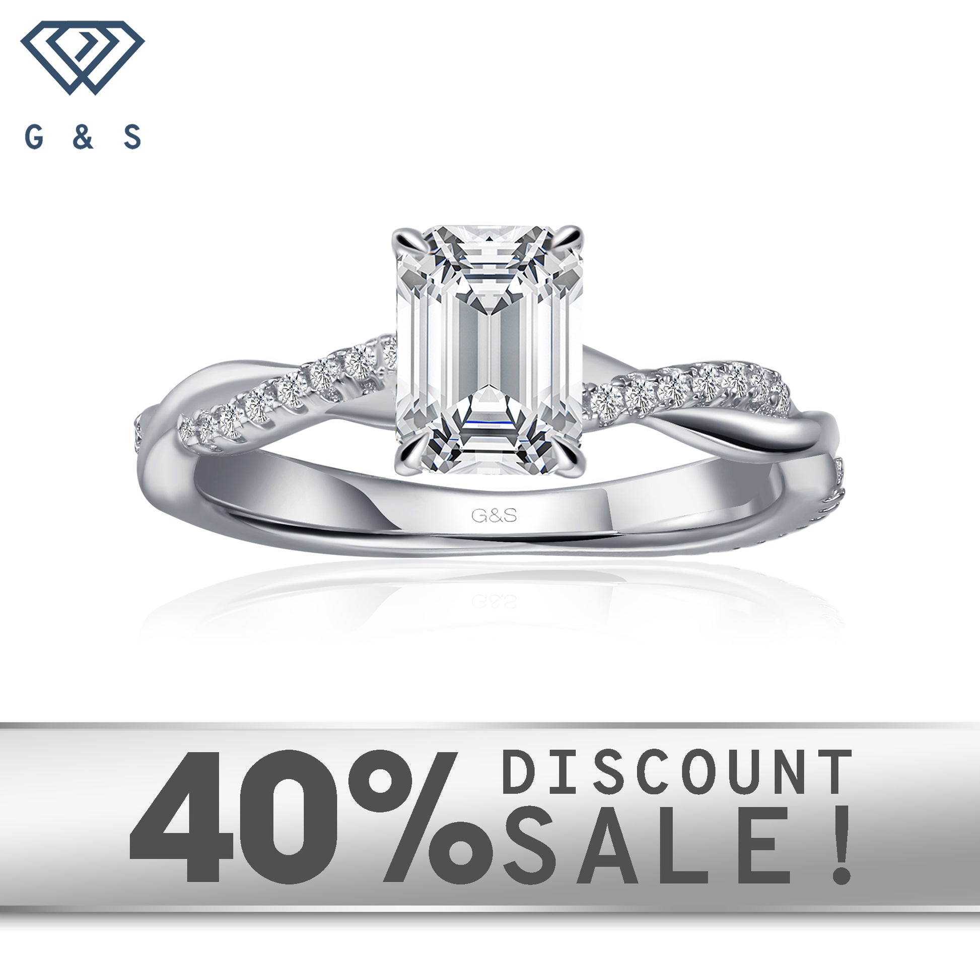 Timeless Infinity emerald cut moissanite engagement ring set in 9ct white gold.
