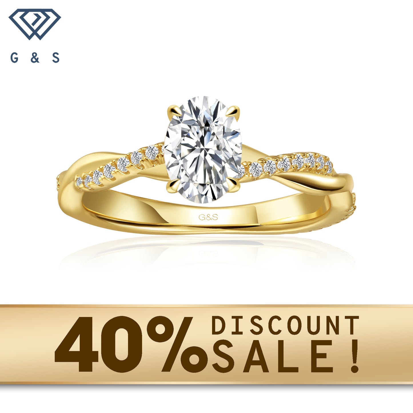 A 9ct yellow gold engagement ring featuring a sparkling oval cut moissanite and a flowing infinity design.
