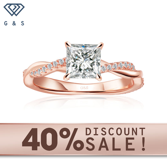 Timeless Infinity princess cut moissanite engagement ring in 9ct rose gold.