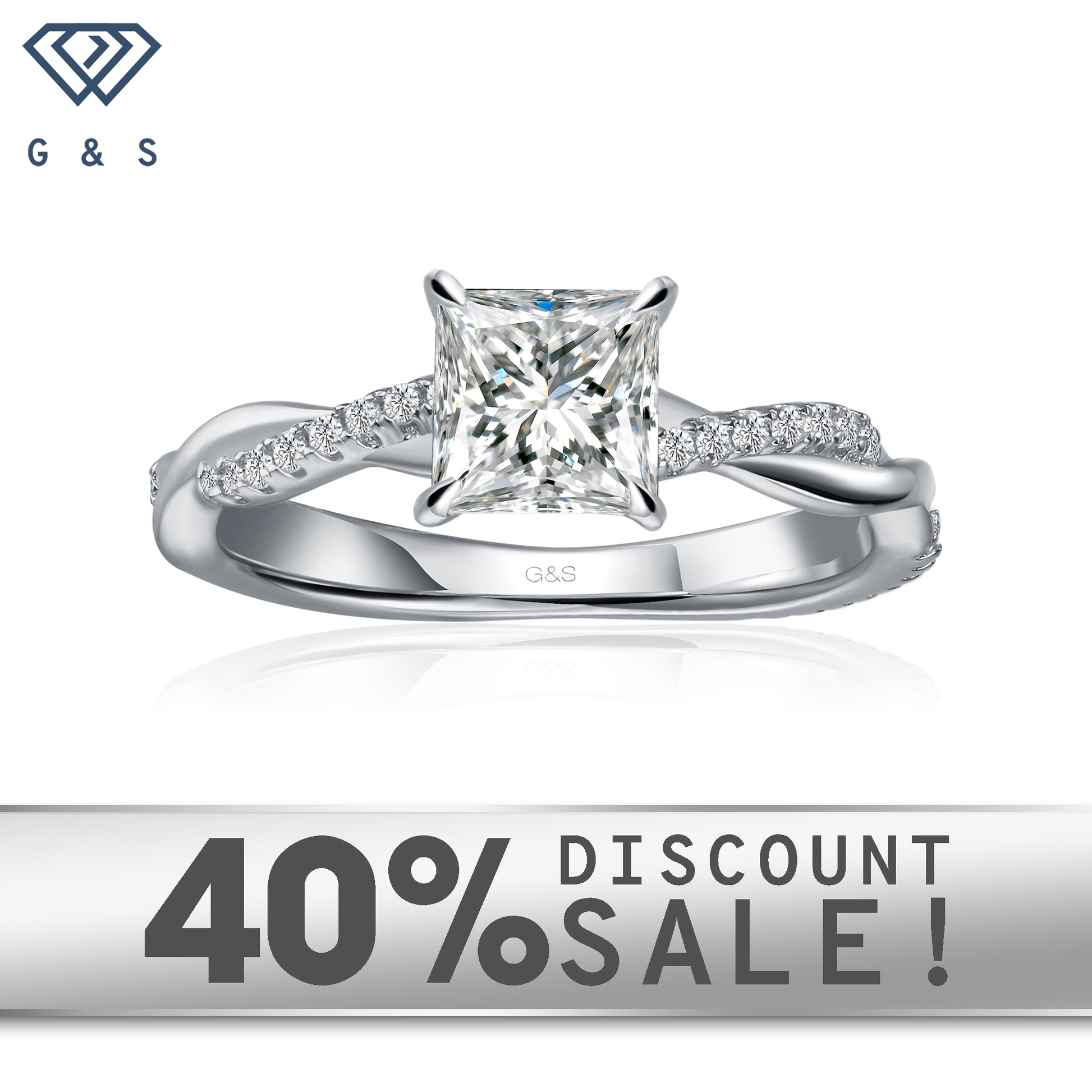 Timeless Infinity princess cut moissanite engagement ring set in 9ct white gold.